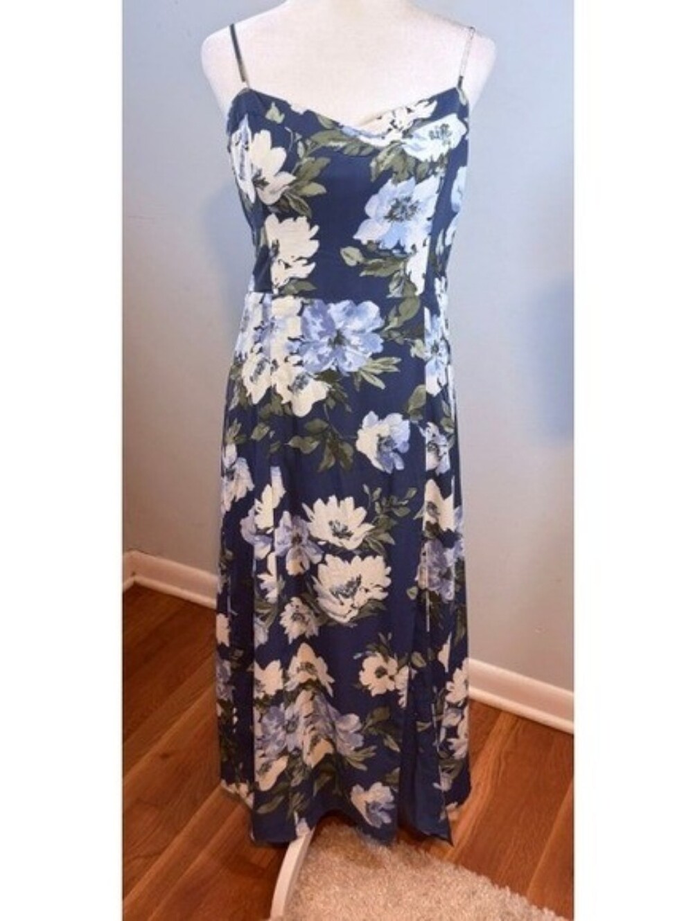 Abercrombie & Fitch Camile Blue Floral Midi Dress With Slit Sz L - Picture 6 of 8
